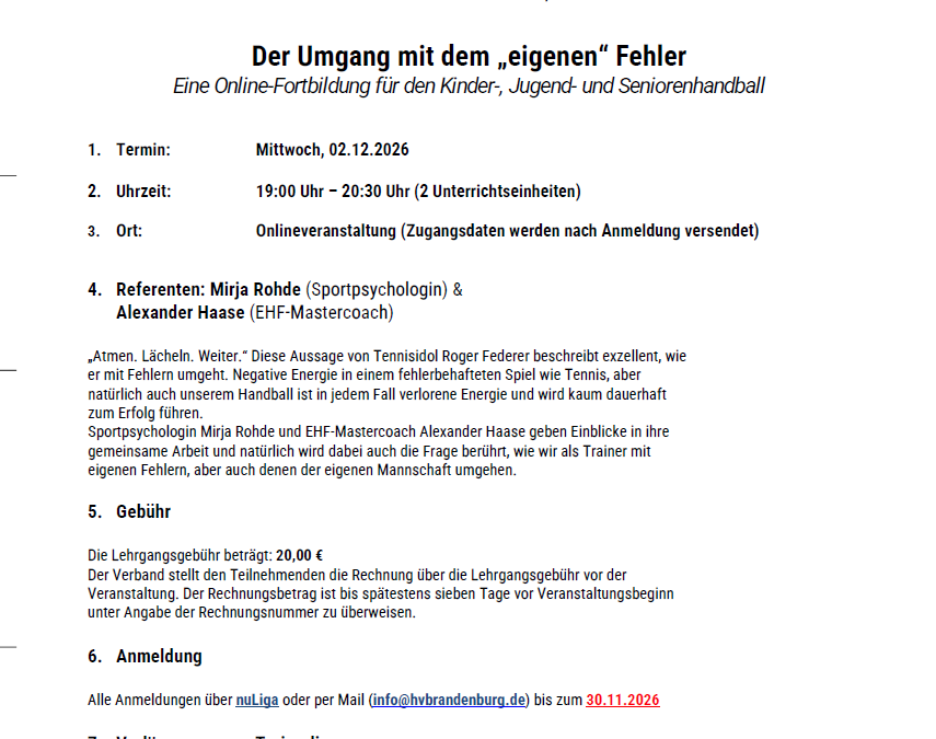 🔵 Online-Fortbildung für Trainer*innen im Handball